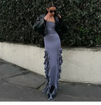 Cryptographic Irregular Ruffle Off Shoulder Sexy Backless Midi Dress for Women Elegant Birthday Vestido Summer Sundresses Ruched