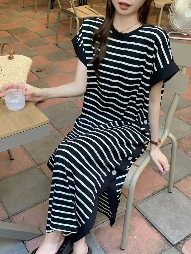 2024 New Casual Korean Striped O-neck Short Sleeve Long Dress Ladies Simplicity Patchwork Loose Tshirt Dress Women Clothing