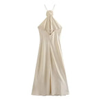 MUJER Flower Halter Dress Woman Off Shoulder Satin Long Dress Women Backless Sexy Evening Dresses Summer Party Dresses For Women