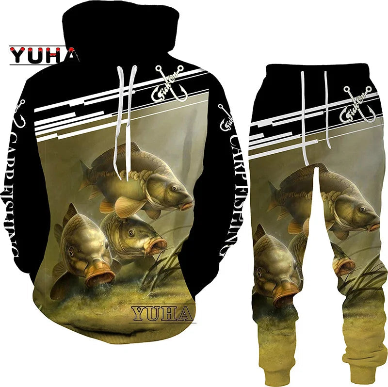 New 3D Fishing Art Print Casual Couple Hoodies Outfits Hip Hop Streetwear Hooded Sweatshirt+Sweat Pants Men's Tracksuit Set Lootquake LLC