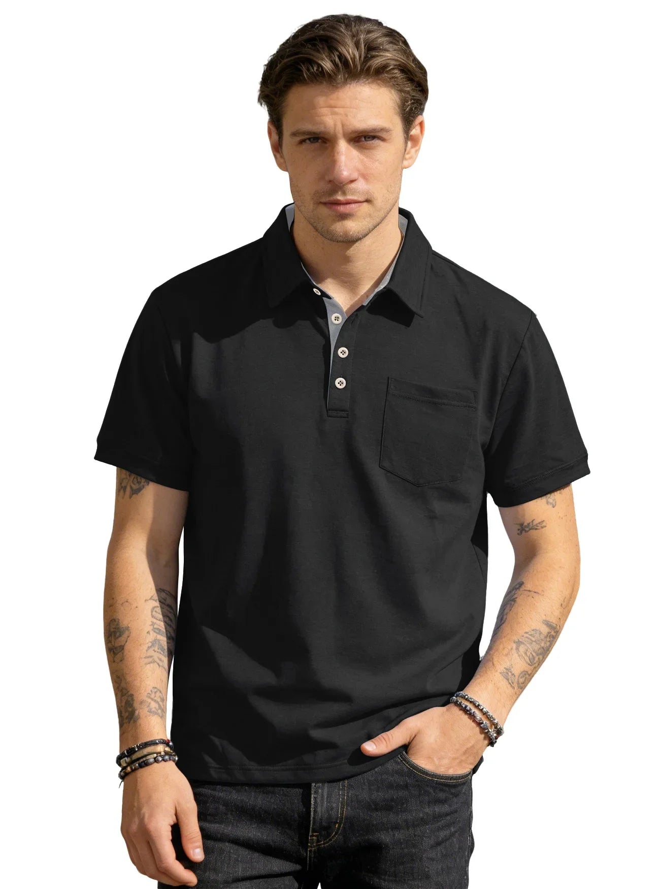 Men's Casual Business Polo Shirt Lapel Collar Chest Pocket Loose Short Sleeve Summer Daily Wear 2026 Summer New Men's Polo Shirt