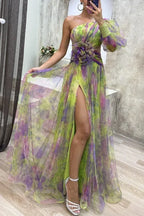 Elegant Oblique Shoulder Single-sleeve  Zipper High Slit Mesh Long Dress For Women Fashion Flower Decoration Party Dress Female