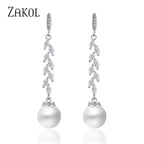 ZAKOL Fashion Round Imitation Pearls Drop Earrings for Women Shinny Zirconia Crystal Leaf Long Bridal Earring Wedding Jewelry