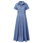 2024 Women New Lapel Pocket Splicing Casual Short Sleeved Solid Color Large Swing Denim Dress Loose Single Breasted Shirt Dress