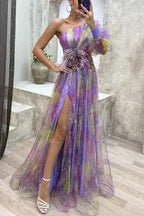 Elegant Oblique Shoulder Single-sleeve  Zipper High Slit Mesh Long Dress For Women Fashion Flower Decoration Party Dress Female