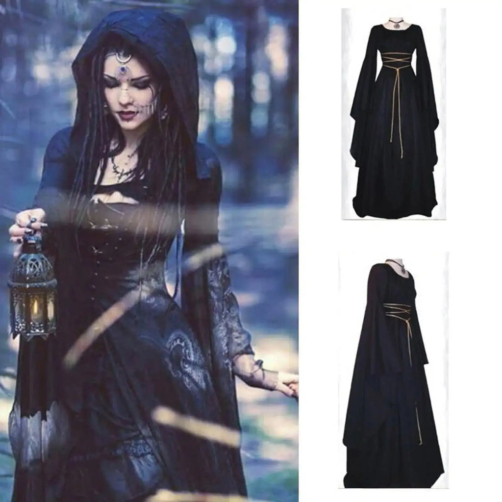 Halloween Retro Medieval Dress Flare Sleeve Lace Up Maxi Dress For Women Round Neck Party Long Dress Cosplay Performance Vestido