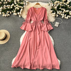 Purple/Green/Red Pleated Maxi Long Dress Women Vintage V-Neck Flare Sleeve Draped Ruffle Vestido Female Maxi Robe Summer Lootquake LLC