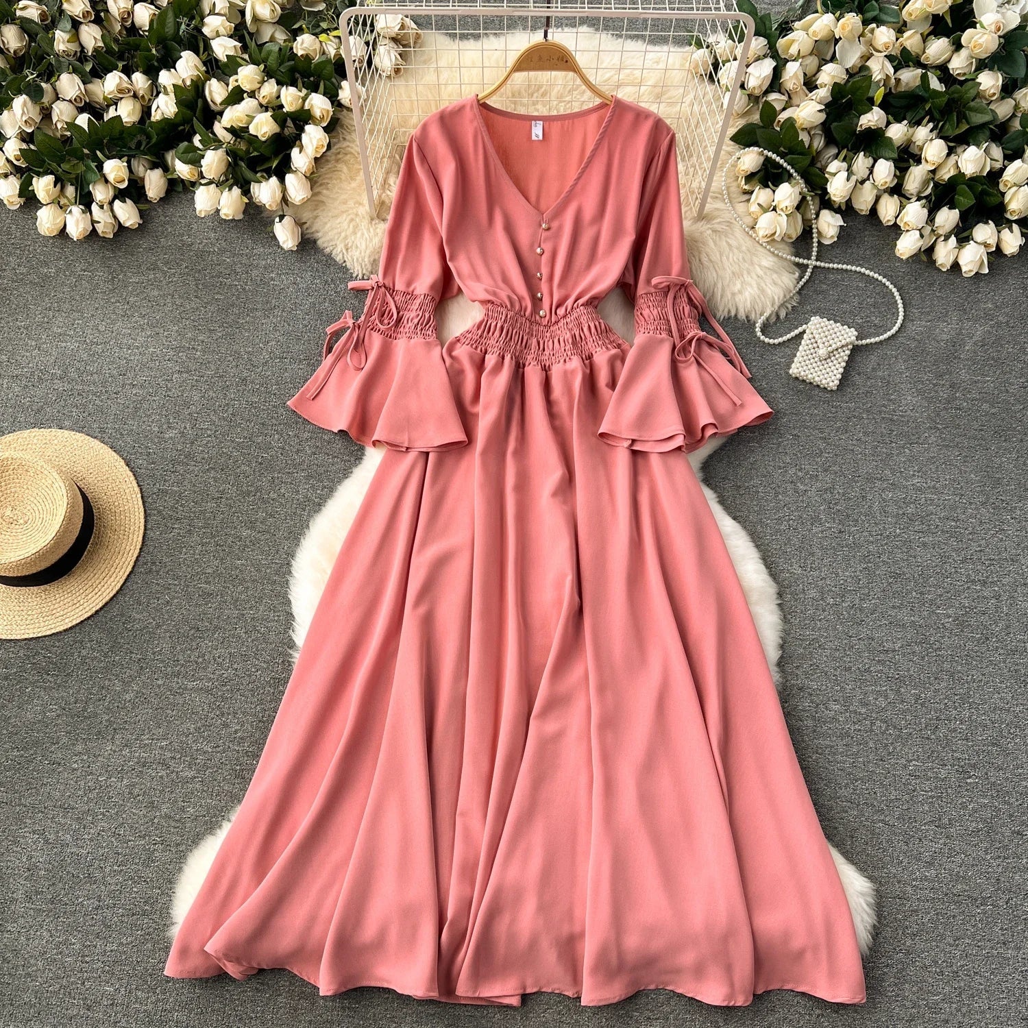 Purple/Green/Red Pleated Maxi Long Dress Women Vintage V-Neck Flare Sleeve Draped Ruffle Vestido Female Maxi Robe Summer Lootquake LLC