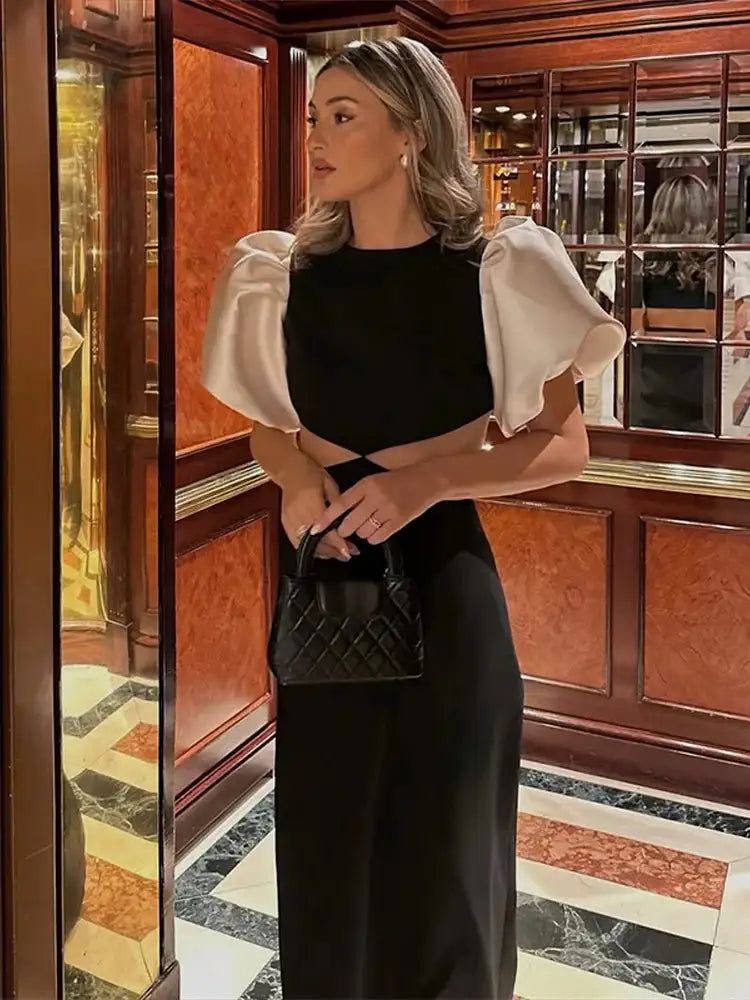 Elegant Puff Sleeve Long Dress For Women 2025 Sexy Hollow Out Waist Evening Party Dresses Female Vacation Lady Chic Beach Robe