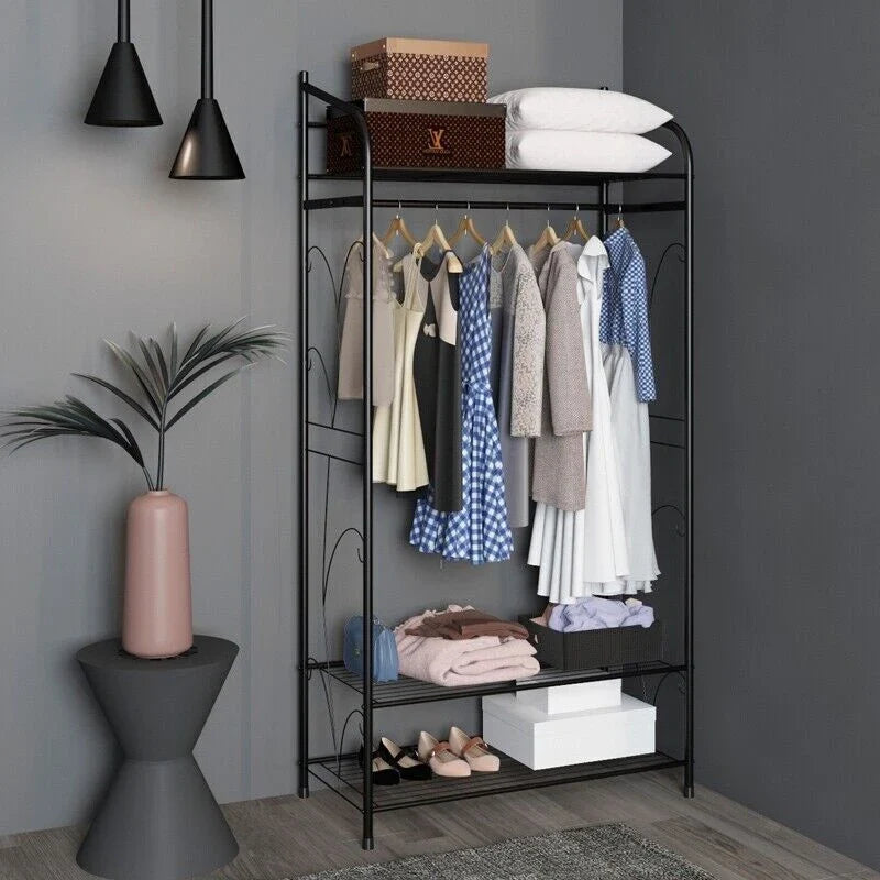 Bingopaw Black Metal Clothes Rack Stand Heavy Duty Garment Rail with 2 Storage Shelves for Shoes & Closet Organization Lootquake LLC
