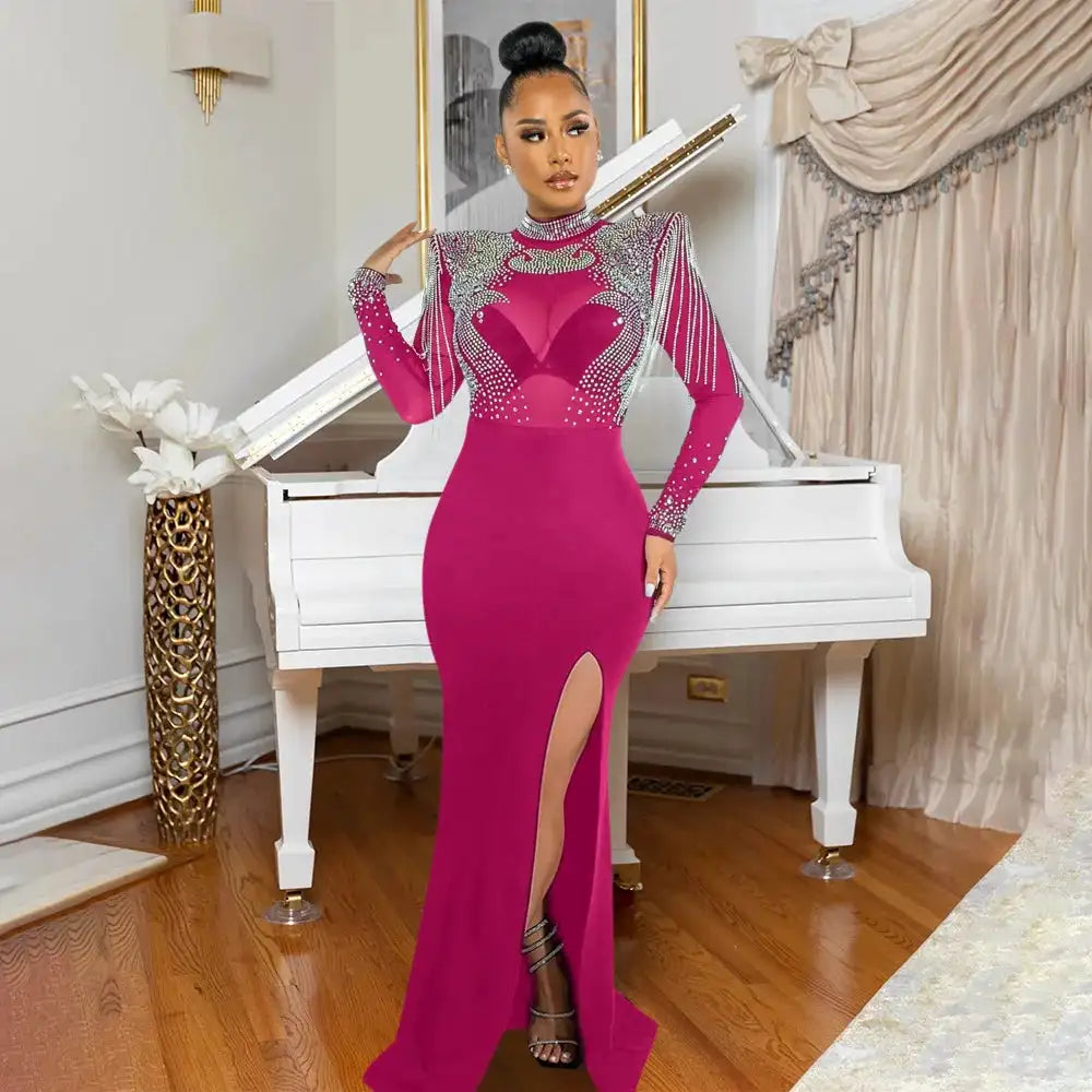 CM.YAYA Women Mesh See Through Long Sleeve Diamonds Hot Rhinestones Mermaid Long Dress Fall Evening Sexy Party Dresses Vestidos