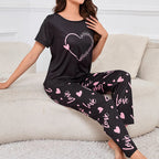 Women's Sleepwear Cozy Heart Print Relaxed Fit Pajama Set Short Sleeve Tee Top & Pants Nightwear 2 Piece Pyjama for All Seasons Lootquake LLC