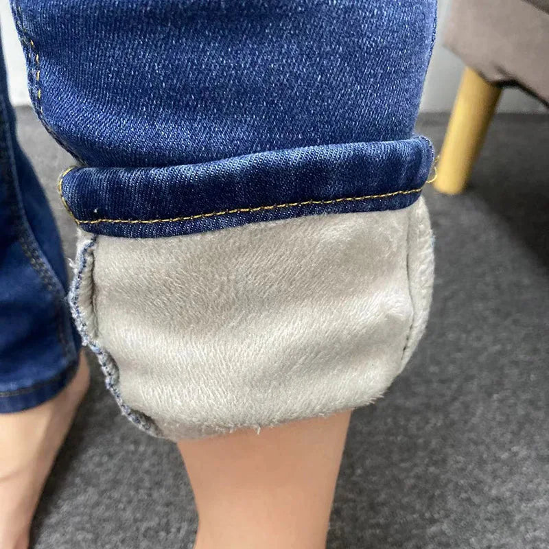 Women Thermal Jeans Winter Snow Warm Plush Stretch Jeans Lady Skinny Thicken Fleece Denim Long Pants Retro Blue Pencil Trousers Lootquake LLC