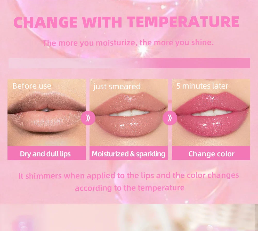 QIBEST Lip Oil Magic Warm Color Changing Lipstick Balm Lip Glaze Transparent Moisturizing Lipgloss Shiny Glitter Lips Cosmetics