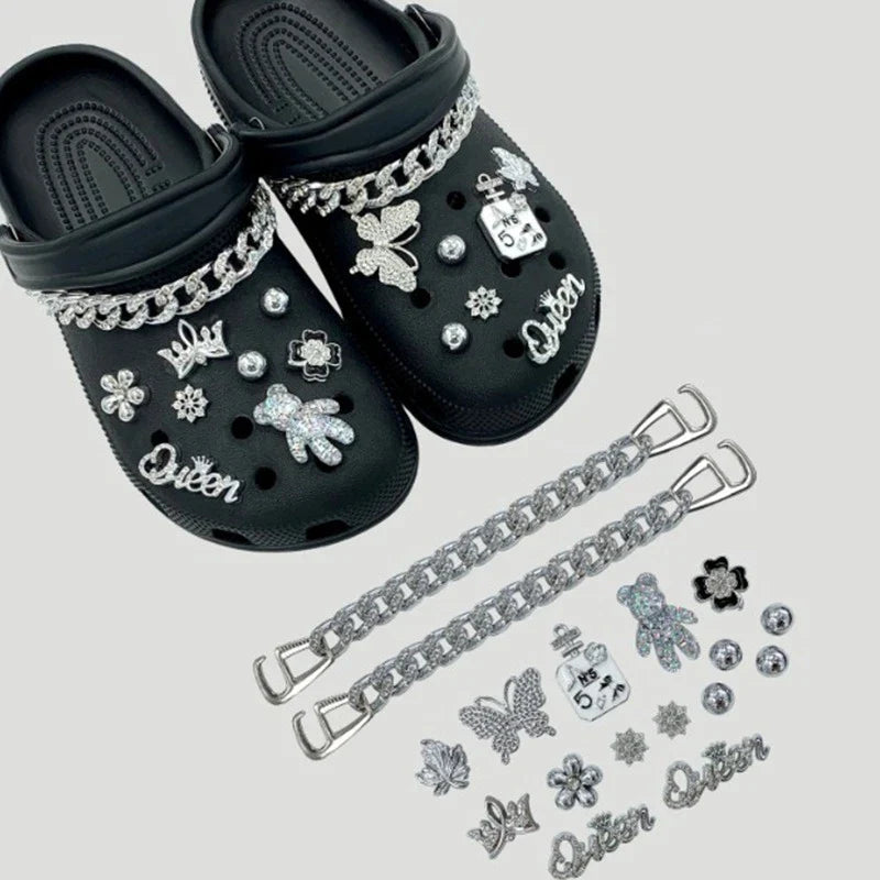 17PCS Fashion Shoe Charms Set Accessories Hole Shoe Buckle Silver Crystal Bear Chain DIY Shoes Decorations Woman Girls Gift Lootquake LLC