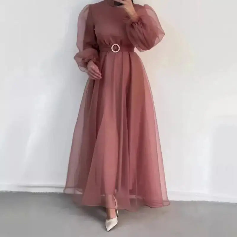 Spring Elegant Mesh Dress Muslim Women Fashion Solid High Waist Mesh Lantern Sleeves Long Dress Women