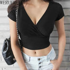 Vivid V-Neck: Y2K Black Crop Top Corset Tee THRIXINE
