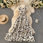 Neploe Vintage Print Holiday Long Dress Women High Waist Hip A Line Vestidos Summer 2025 New V Neck Sleeveless Camis Robe Slim