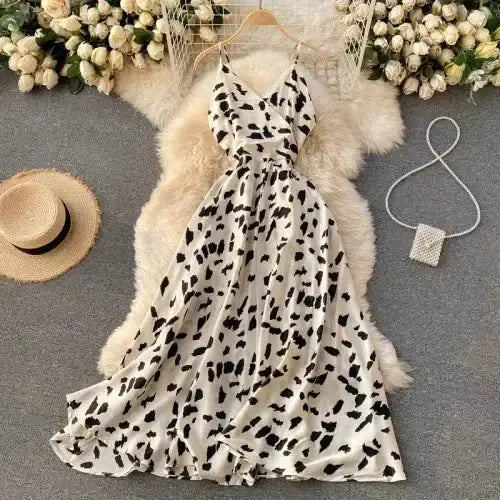 Neploe Vintage Print Holiday Long Dress Women High Waist Hip A Line Vestidos Summer 2025 New V Neck Sleeveless Camis Robe Slim