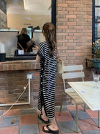 2024 New Casual Korean Striped O-neck Short Sleeve Long Dress Ladies Simplicity Patchwork Loose Tshirt Dress Women Clothing