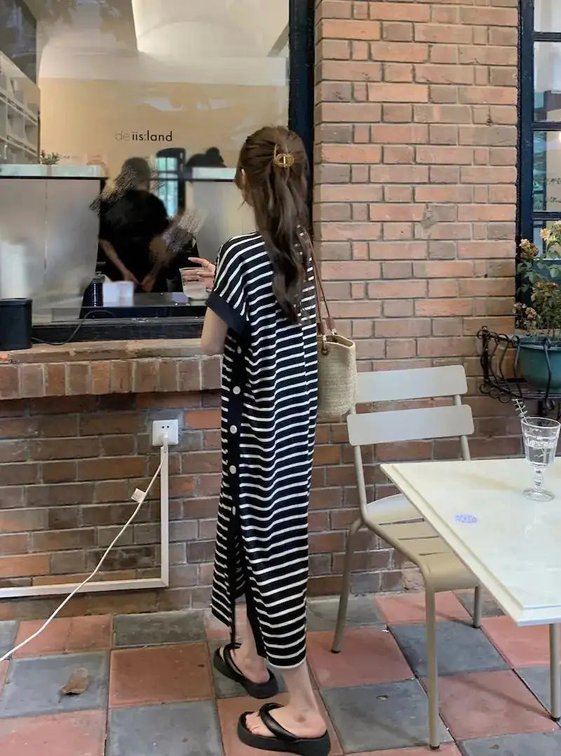 2024 New Casual Korean Striped O-neck Short Sleeve Long Dress Ladies Simplicity Patchwork Loose Tshirt Dress Women Clothing