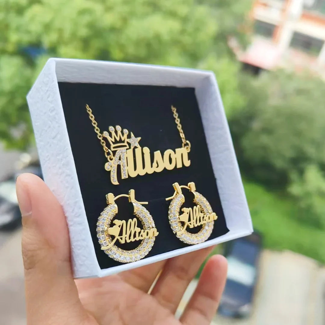 DUOYING Custom Nameplate Set Full Zircon Neckalce Bling Earrings Personalized Mini Hoop Stainless Steel For Kids Jewelry Lootquake LLC