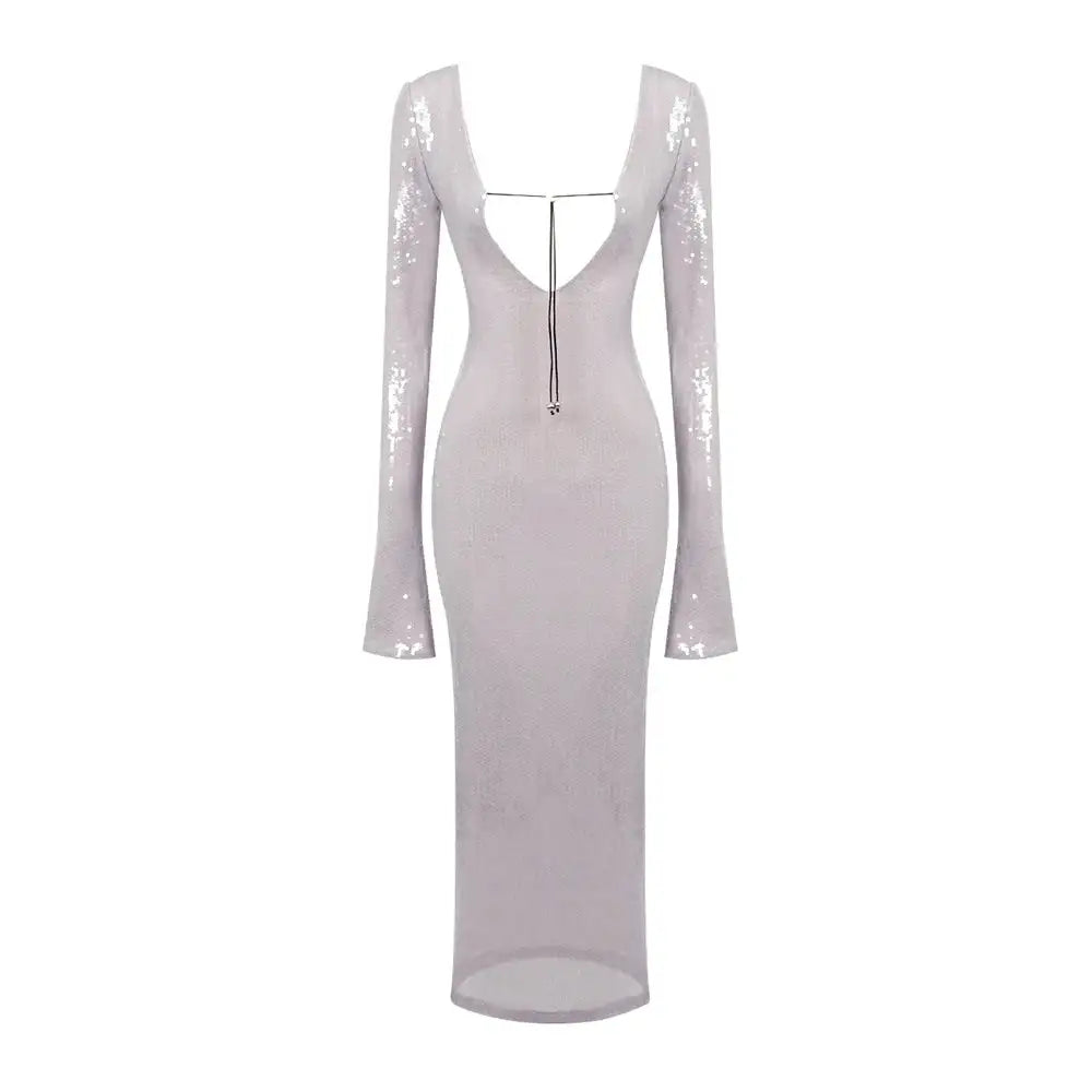 BEVENCCEL Sexy Luxury Sequins Deep V Long Sleeve Backless Sequins Long Dress Elegant  Bodycon Maxi Evening Party Clubwear Dress