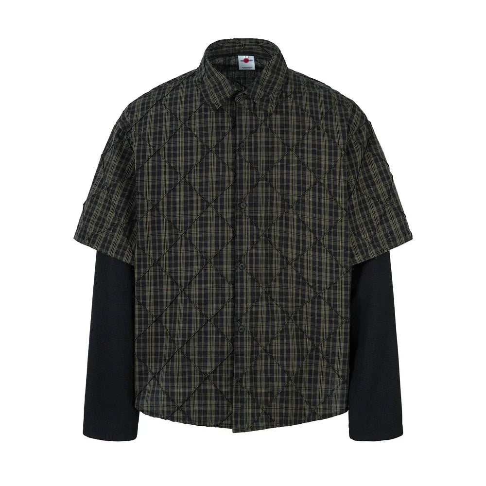 Plaid Spliced Fake Two Pieces Shirts Mens High Street Spring Loose Single Breasted Long Sleeve Lapel Shirts Shirts Men Lootquake LLC