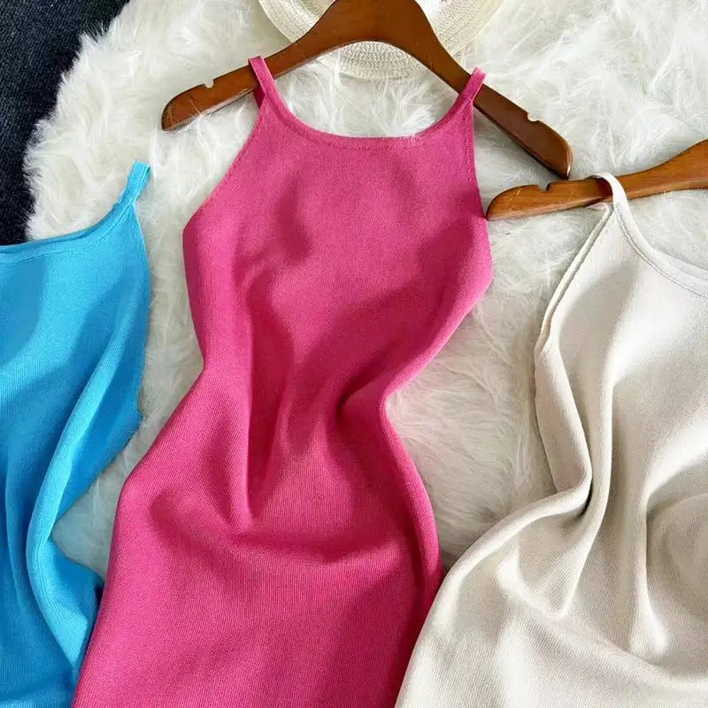 2024 Sexy Summer Knit Strap Dress Women Halter Elatic Waist Bodycon Sundress Female Beach Solid Maxi Long Dress