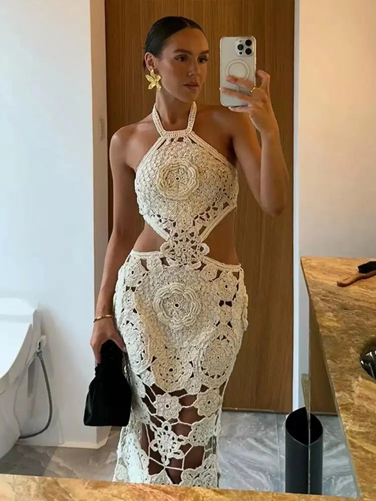 Fashion Hollow Out Halter Maxi Dress For Women 2024 Sexy Sleeveless Backless Long Dress Holiday Hook Flower Knitted Beach Robe