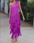Spring and Summer New Fashion Fringed Slanted Shoulder Asymmetrical Dress for Women