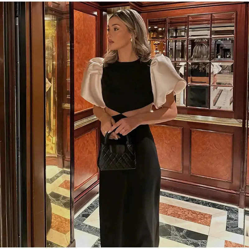 Elegant Puff Sleeve Long Dress For Women 2025 Sexy Hollow Out Waist Evening Party Dresses Female Vacation Lady Chic Beach Robe