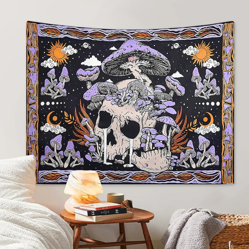 1pc Skeleton mushroom pattern tapestry, moon sun mandala tapestry, room decoration wall hanging Lootquake LLC