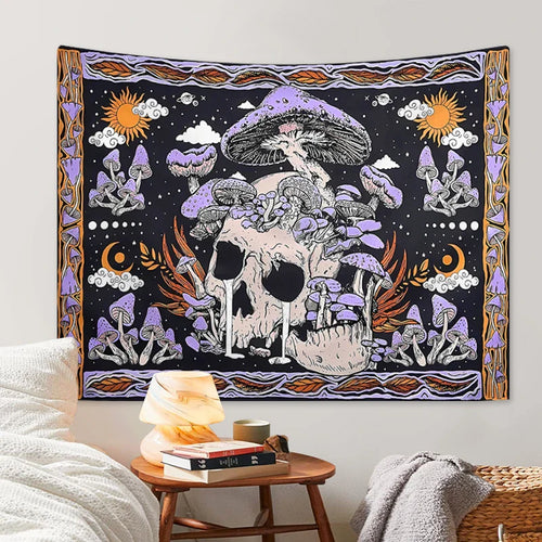 1pc Skeleton mushroom pattern tapestry, moon sun mandala tapestry, room decoration wall hanging Lootquake LLC
