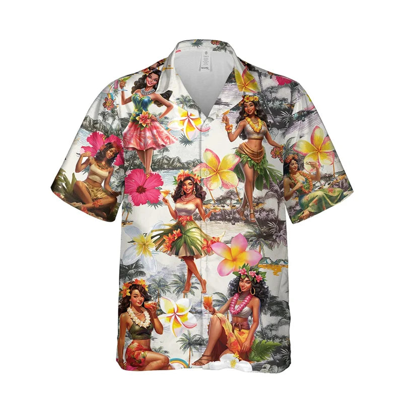 3D Print Hula Girl Graphic Beach Shirts For Men Casual Short Sleeve Hawaiian Dancer Blouses Aloha Beach Button Shirts Mens Tops Lootquake LLC