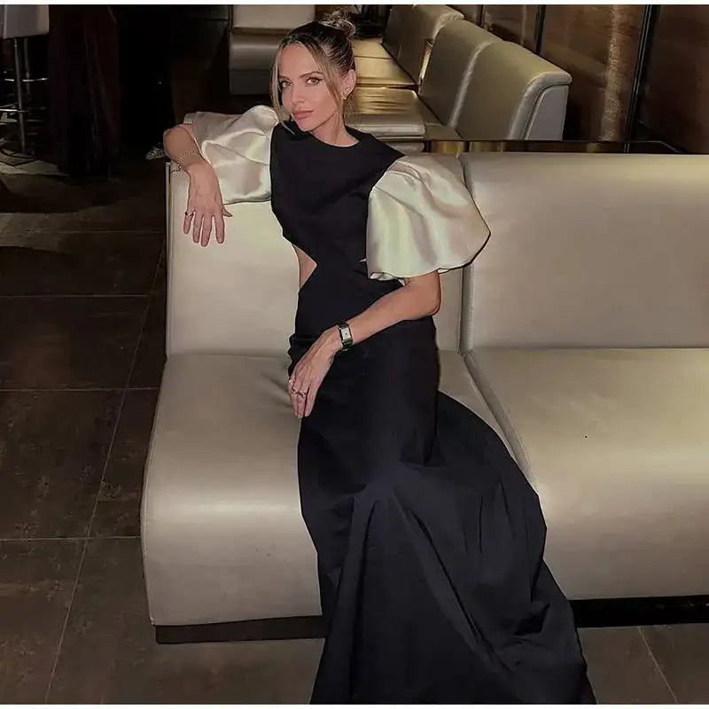 Elegant Puff Sleeve Long Dress For Women 2025 Sexy Hollow Out Waist Evening Party Dresses Female Vacation Lady Chic Beach Robe