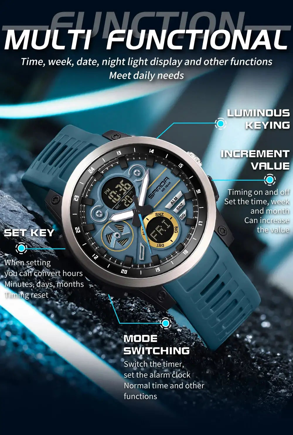 SANDA Sports Men's Electronic Watch Fashion Multi functional Waterproof LED Dual Display Men's Electronic Watch 3379