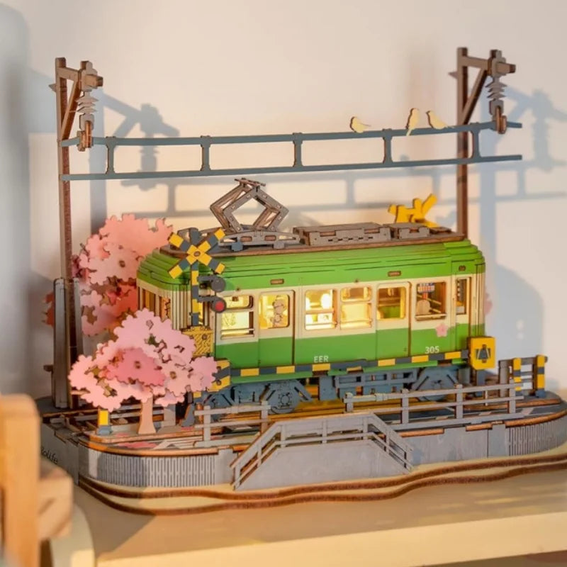 Robotime Sakura Journey Tram 3D Wooden Puzzles with LED Lights Home Decor Gift for Adults Women Girls Lootquake LLC