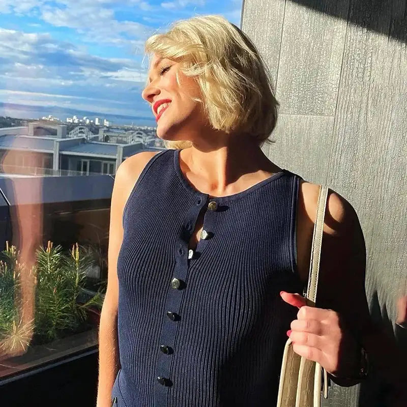 Fashion Knitted Long Dress For Women Elegant Sleeveless Button Maxi Sweater Bodycon Dresses Female Party Fashion Vestidos 2024 N