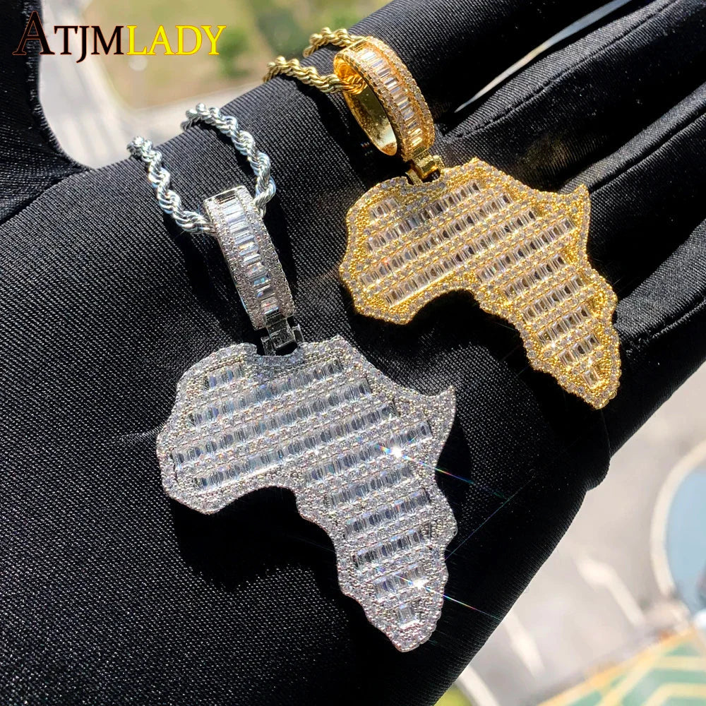 New Arrive Rectangle Cubic Zirconia CZ Paved Bling Africa Map Shaped Pendant Necklace Hip Hop Men Boy Cool Meaning Jewelry Lootquake LLC