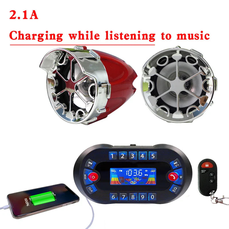 Motorcycle Bluetooth Speaker Amplifier Output 2.1A Music MP3 Player Burglar Alarm Siren USB Stereo Loud Speaker FM Radio MT730 Lootquake LLC