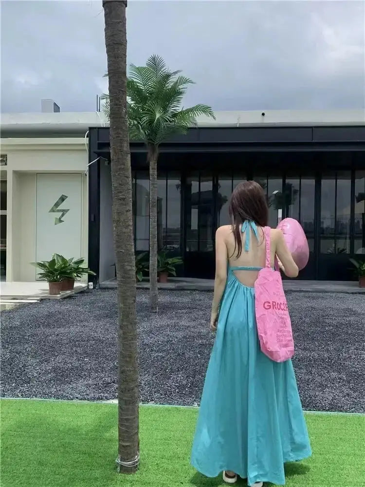 Summer Vacation Dress Thailand Style Open-back Halter Neck Age-reducing Photography Beach Long Dress Belted