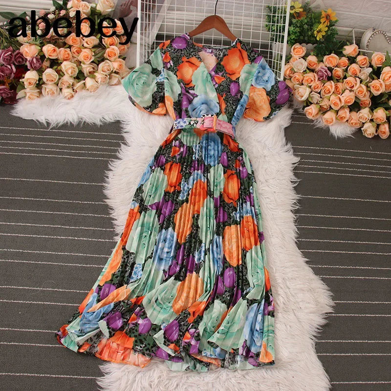 Women Dress Fashion Vintage Ins Bandage Slim Waist A-line Long Dress Vacation Beach Summer Outfits Lady Robe Femme Lootquake LLC