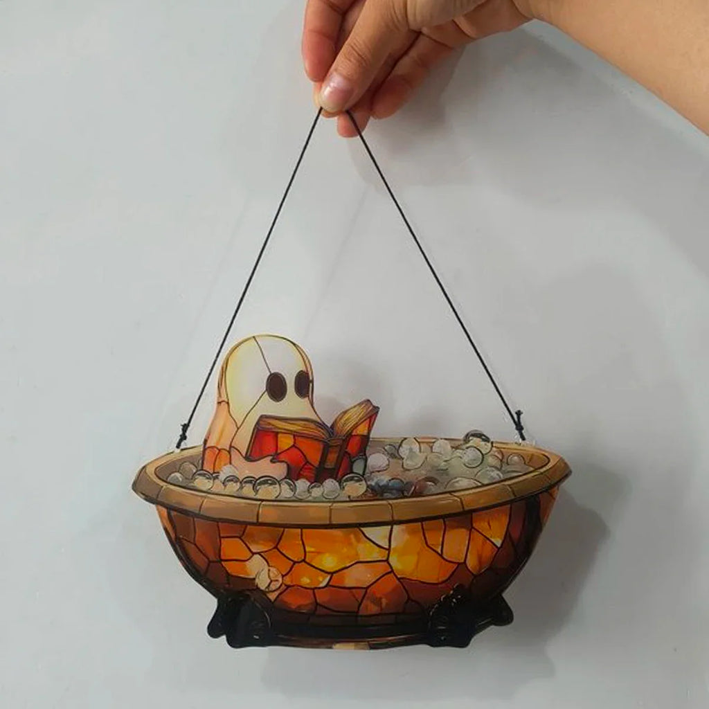 Acrylic Halloween Ghost in Bathtub Hanging Ornaments Cute Ghost Reading Book Decor Home Bedroom Living Room Window Decorations Lootquake LLC