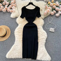 Green 2024 Sexy Summer Knit Short Sleeve Dress Women Squar Collar Waist Bodycon Sundress Female Beach  Backless Long Dress