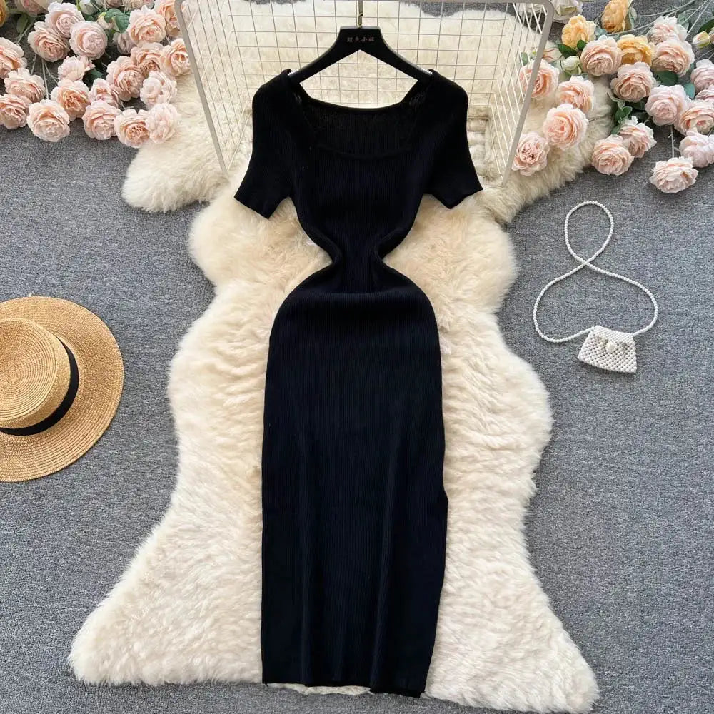 Green 2024 Sexy Summer Knit Short Sleeve Dress Women Squar Collar Waist Bodycon Sundress Female Beach  Backless Long Dress
