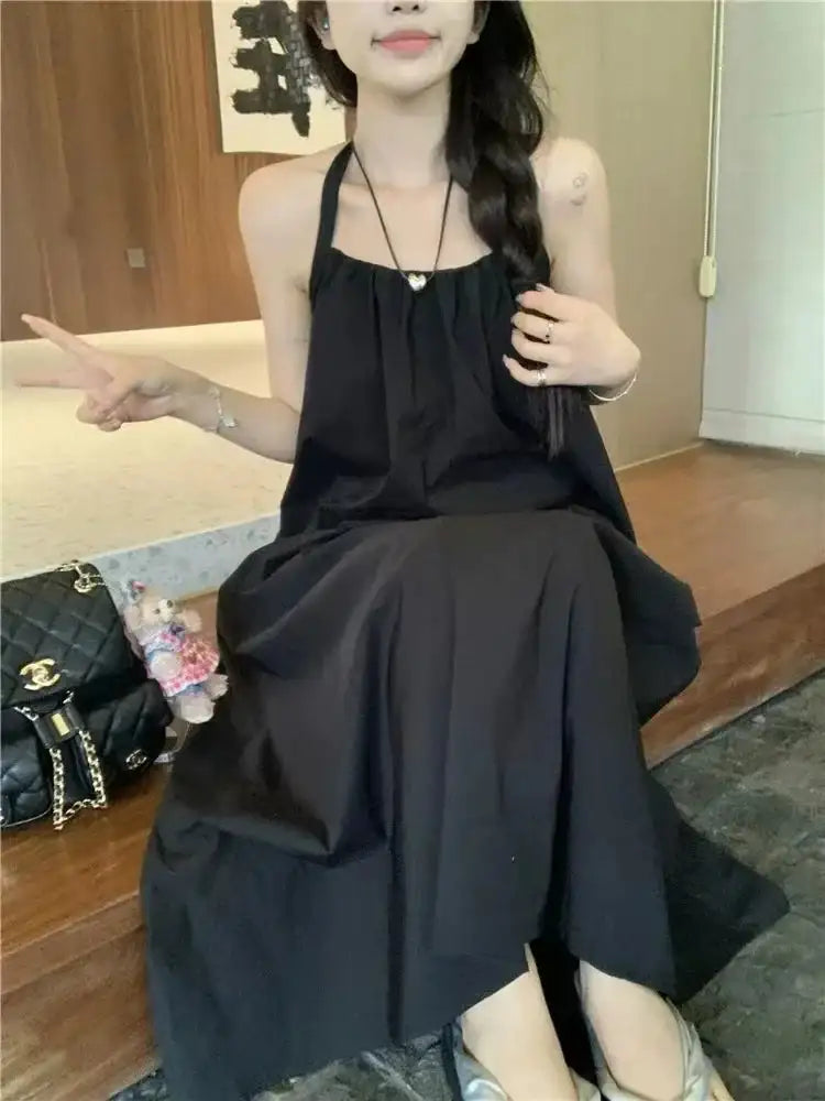 Summer Vacation Dress Thailand Style Open-back Halter Neck Age-reducing Photography Beach Long Dress Belted