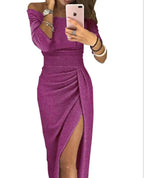 Slit Slash-neck Dress Women Sparkling Slim Long Dress Summer Korean Fashion Dinner Dress Bodycon Solid  Women Dresses Vestidos