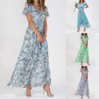 Vestidos Verano Moda 2024 Women's Swing Long Dress Chiffon Floral Short Sleeve Ruffle V Neck Fashion Waist Flowy Dress платье