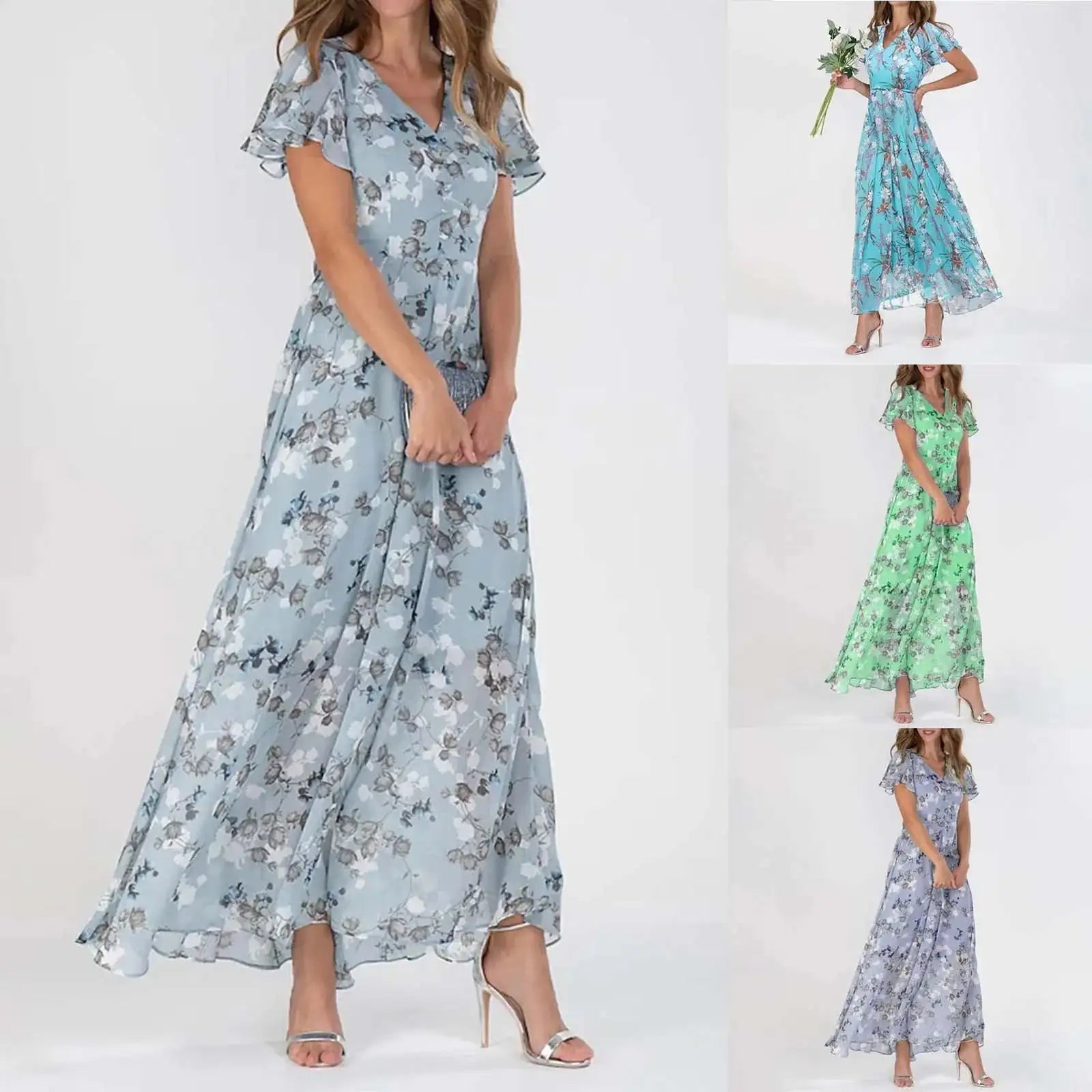 Vestidos Verano Moda 2024 Women's Swing Long Dress Chiffon Floral Short Sleeve Ruffle V Neck Fashion Waist Flowy Dress платье